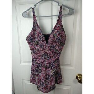 Ellen Tracey Woman 12 VNeck One Piece Purple Pink Paisley Slit Skirt Swimsuit